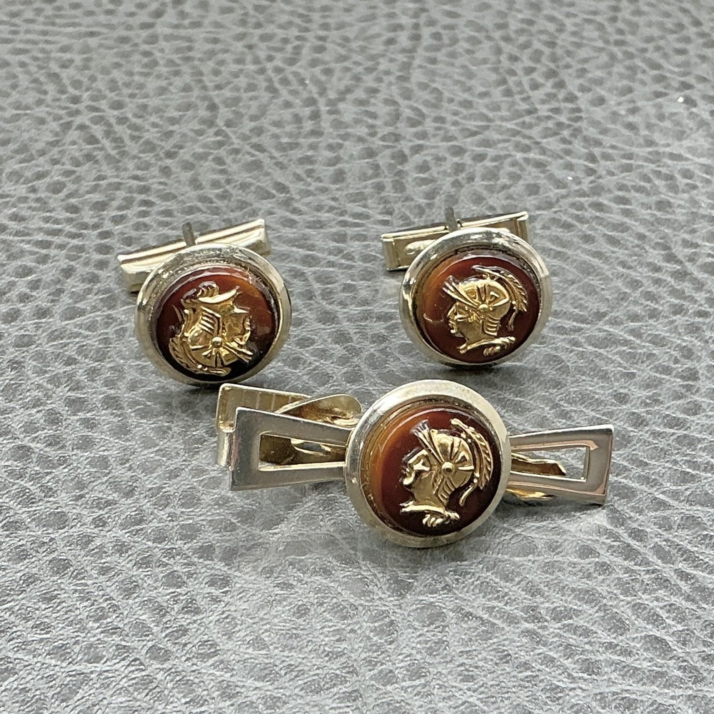 Vintage Mens Roman Warrior Cufflinks Tie Bar Set Goldโ Tone Brown Cameo Cabochon